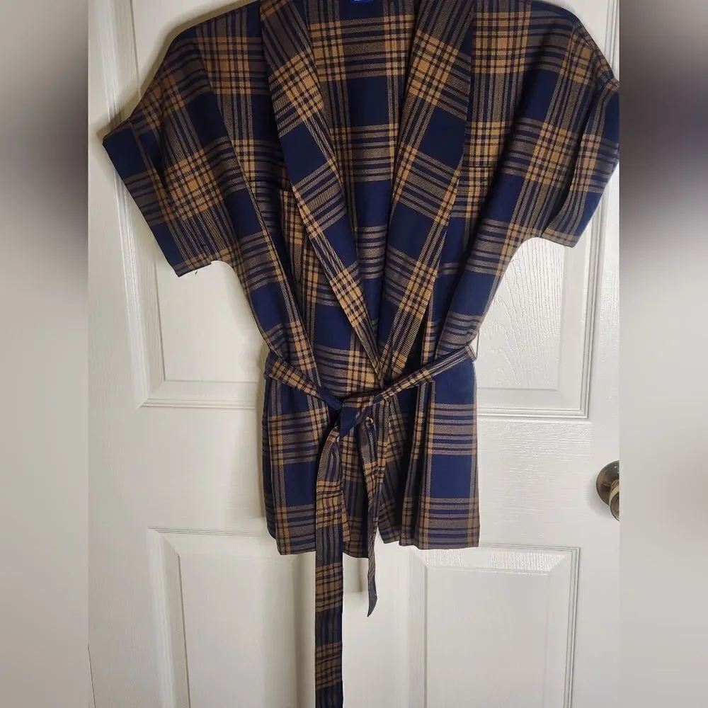 Pendleton M NavyBrownPlaid Shrtslv BeltPockets VirginWool WomenOpenedCardiganUSA